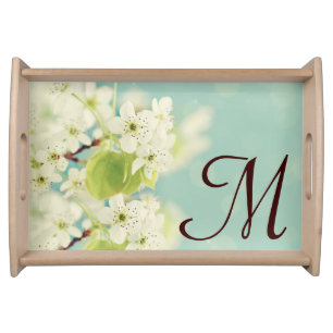 White Cherry Blossom Flower Monogram Serving Tray