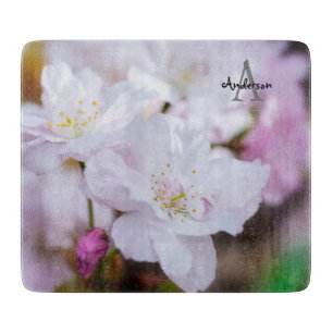 White Cherry Blossom Glass chopping board
