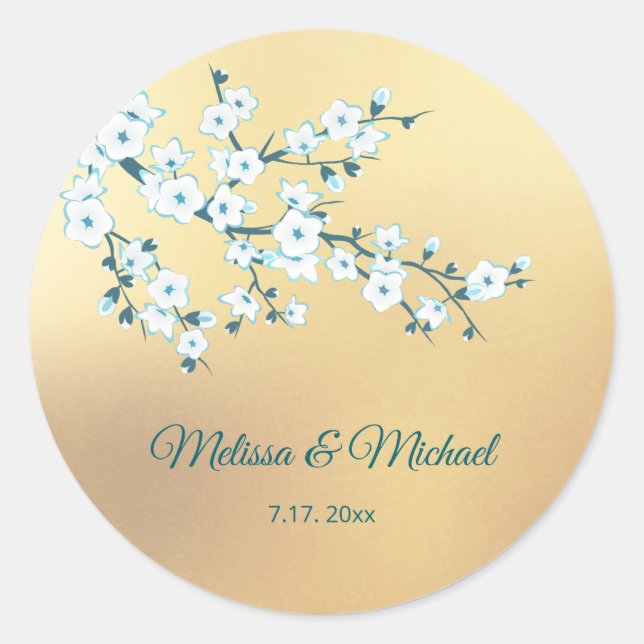 White Cherry Blossom Gold Classic Round Sticker (Front)