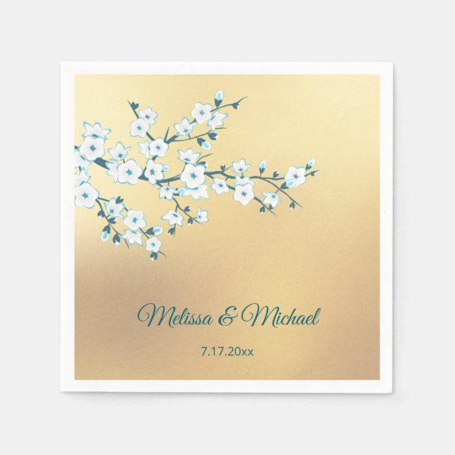 White Cherry Blossom Gold Napkins (Front)