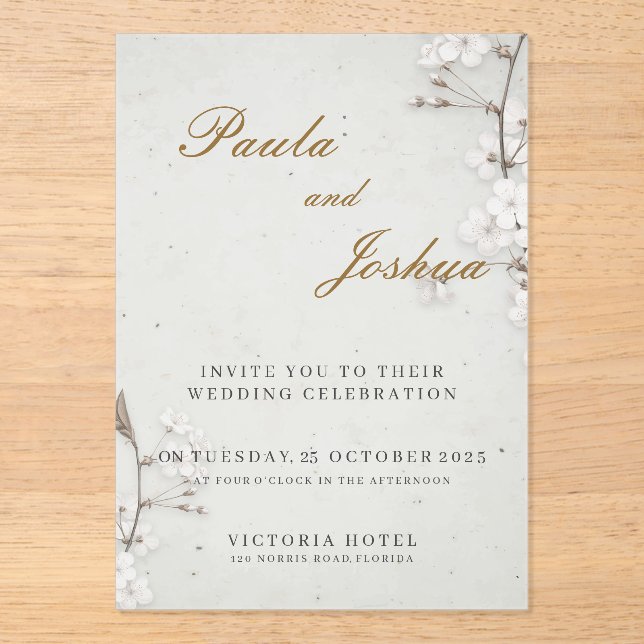 White Cherry Blossom & Gold Script Elegant Wedding Acrylic Invitations (Front)
