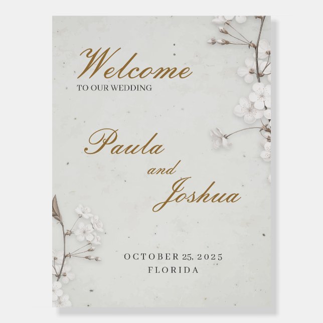 White Cherry Blossom & Gold Script Wedding Foam Board (Front)