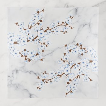 White Cherry Blossom Gray Marble Floral  Trinket Tray by NinaBaydur at Zazzle