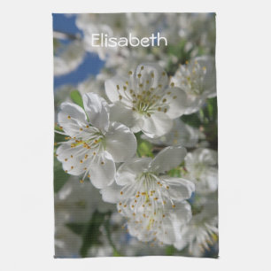 white cherry blossom in spring against a blue sky  kitchen towel