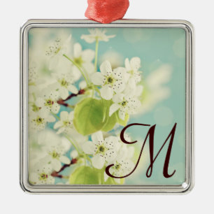 White Cherry Blossom Monogram Initial Ornament