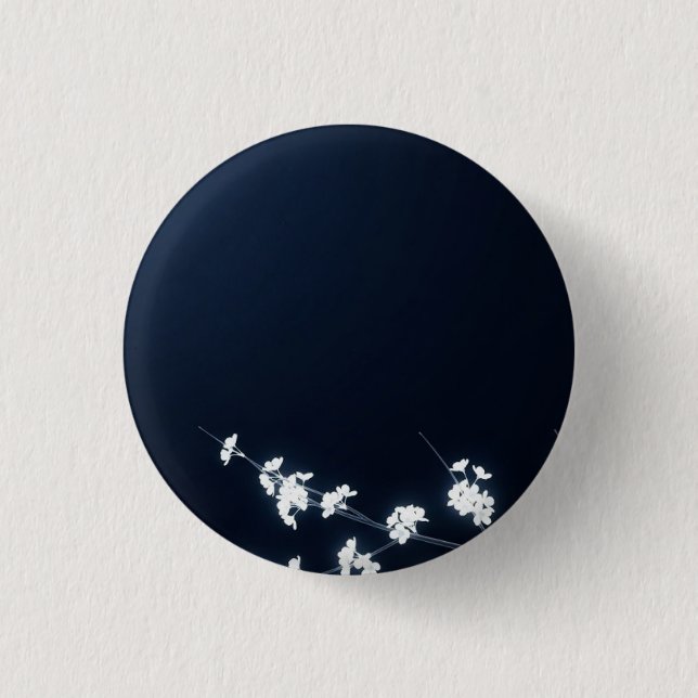 White Cherry Blossom Navy Background Button (Front)