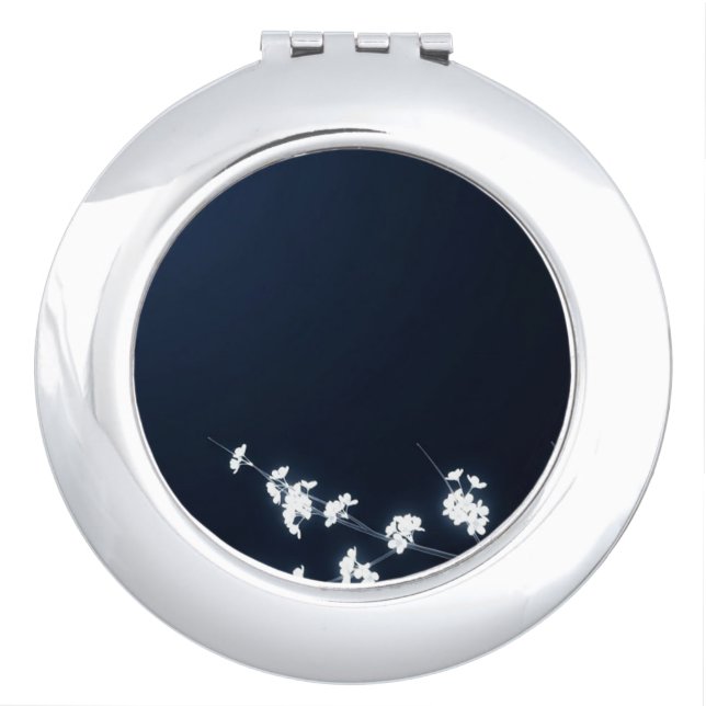 White Cherry Blossom Navy Background Compact Mirror (Front)