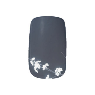 White Cherry Blossom Navy Background Minx Nail Art