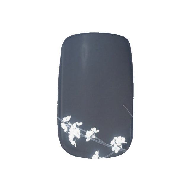 White Cherry Blossom Navy Background Minx Nail Art (Left Thumb)