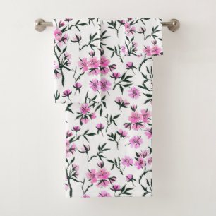 White cherry blossom on white bath towel set