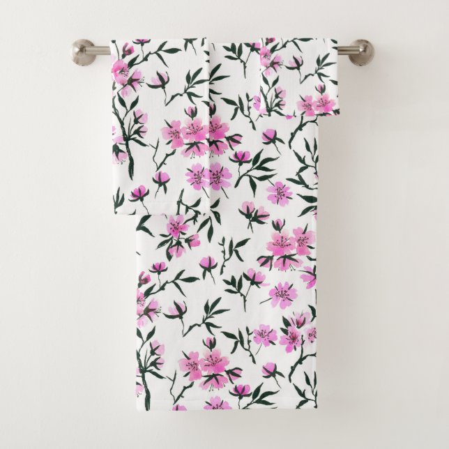 White cherry blossom on white bath towel set (Insitu)