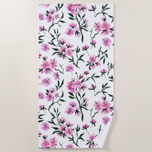 White cherry blossom on white beach towel (Front)
