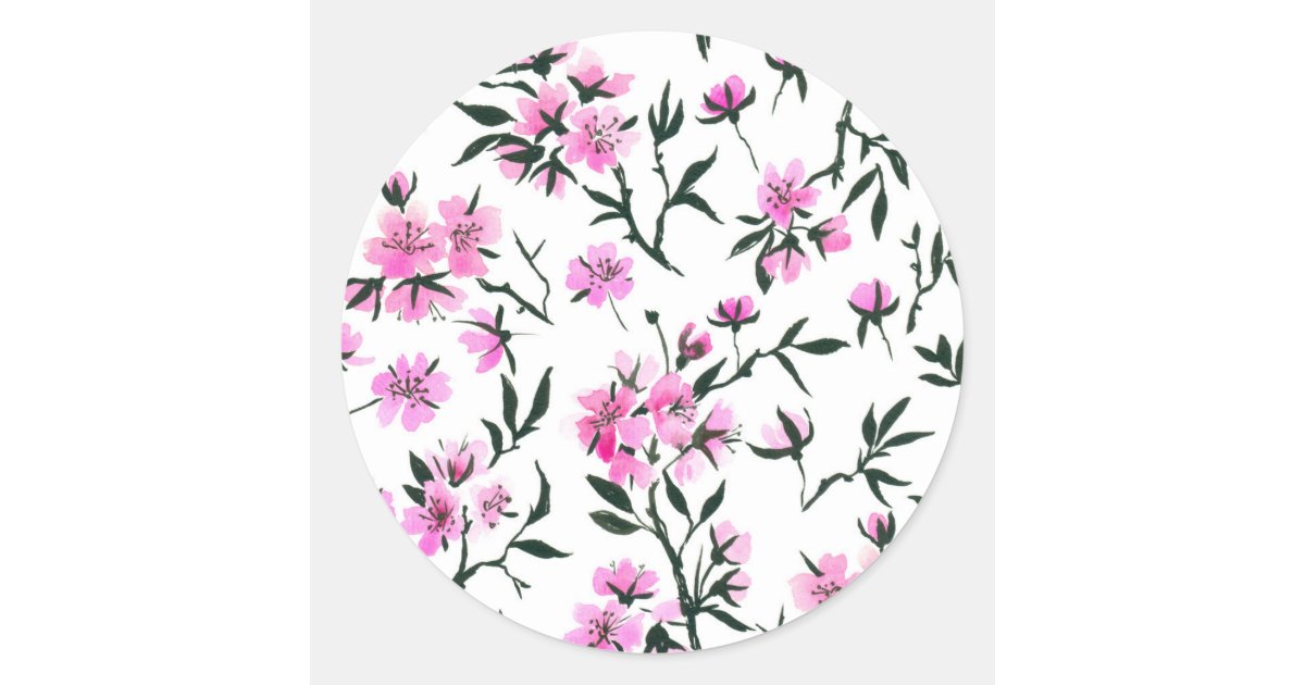 White cherry blossom on white classic round sticker | Zazzle