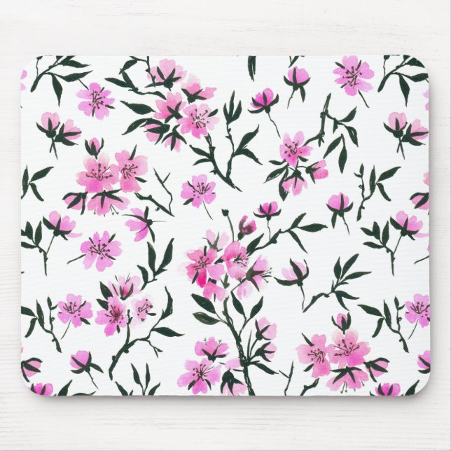 White cherry blossom on white mouse pad (Front)