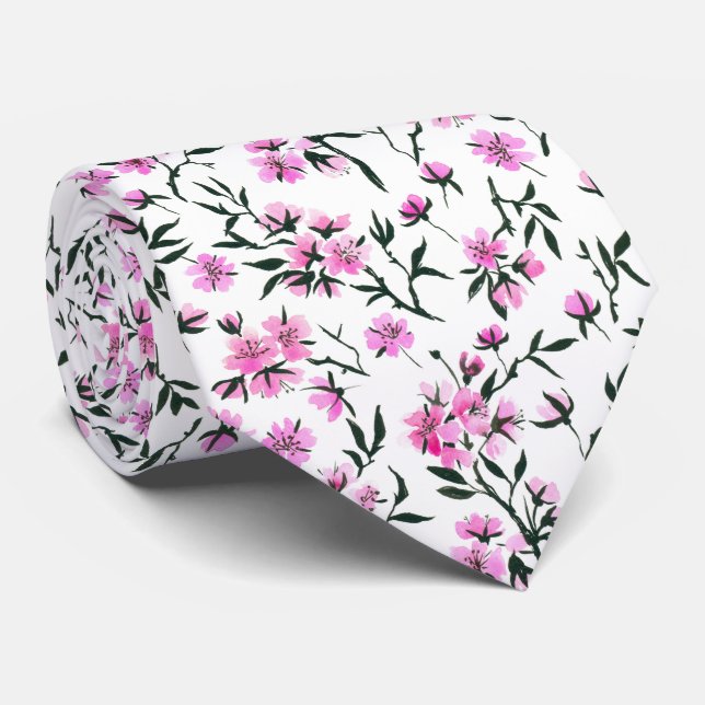 White cherry blossom on white neck tie (Rolled)