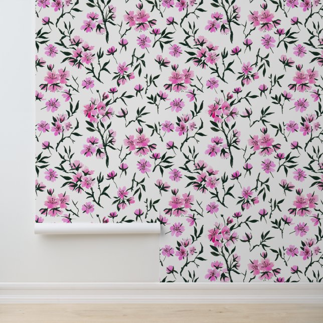 White cherry blossom on white wallpaper  (Application)