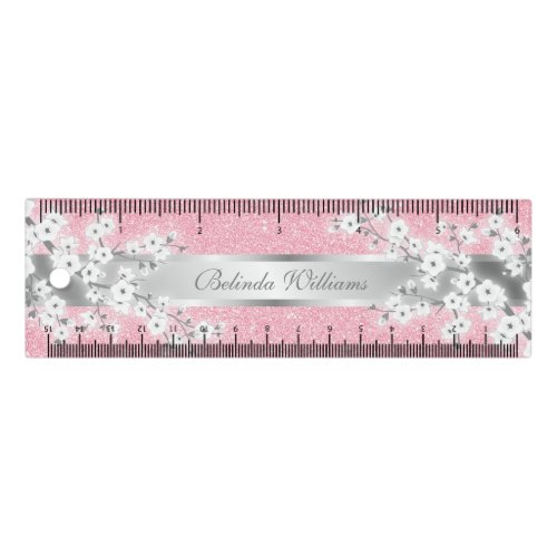 White Cherry Blossom Pink Glitter Monogram Ruler