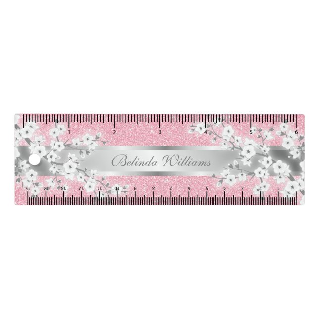 White Cherry Blossom Pink Glitter Monogram Ruler (Front)