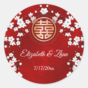 White Cherry Blossom Red Chinese Wedding  Classic Round Sticker
