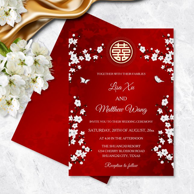 White Cherry Blossom | Red Chinese Wedding Foil Invitation (Creator Uploaded)