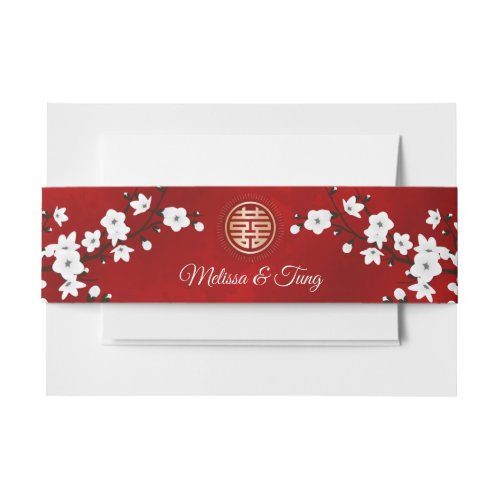 White Cherry Blossom Red Chinese Wedding  Invitation Belly Band