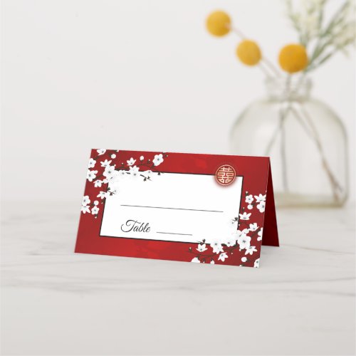  White Cherry Blossom Red  Chinese Wedding Place Card