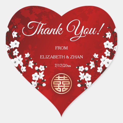 White Cherry Blossom Red Chinese Wedding Thank You Heart Sticker