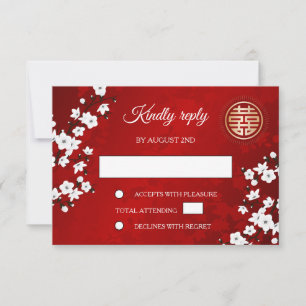 White Cherry Blossom Red RSVP Chinese Wedding