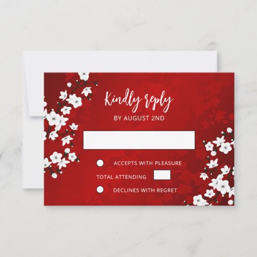 White Cherry Blossom Red RSVP Wedding Card