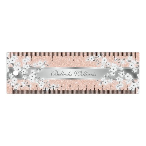 White Cherry Blossom Rose Gold Glitter Monogram Ruler