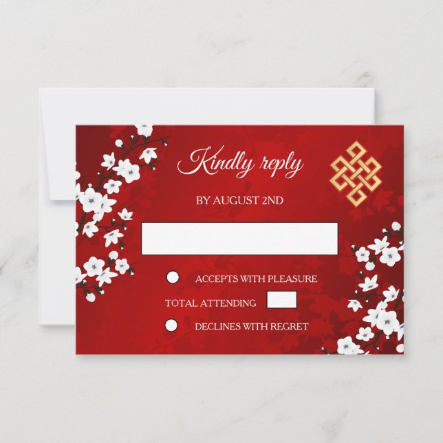 White Cherry Blossom Tibetan Wedding RSVP Card (Front)
