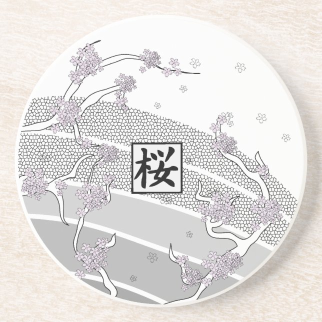 White Cherry Blossom Tree Sandstone Coaster (Front)