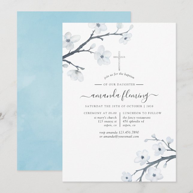 White Cherry Blossoms Baptism or Christening Invitation (Front/Back)