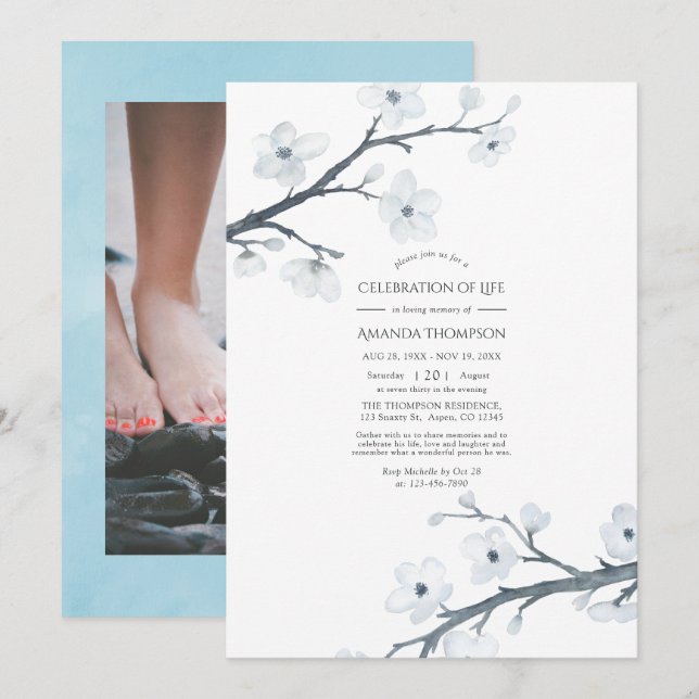 White Cherry Blossoms Celebration of Life Photo Invitation (Front/Back)