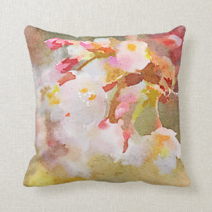 White Cherry Blossoms Digital Watercolor Painting Throw Pillow
