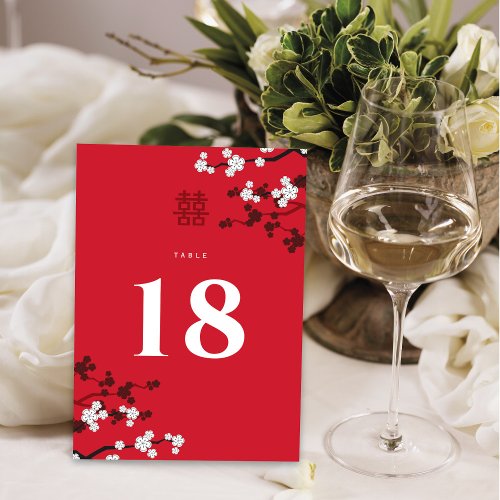 White Cherry Blossoms Double Xi Chinese Wedding Table Number