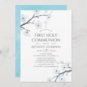 White Cherry Blossoms First Holy Communion Invitation