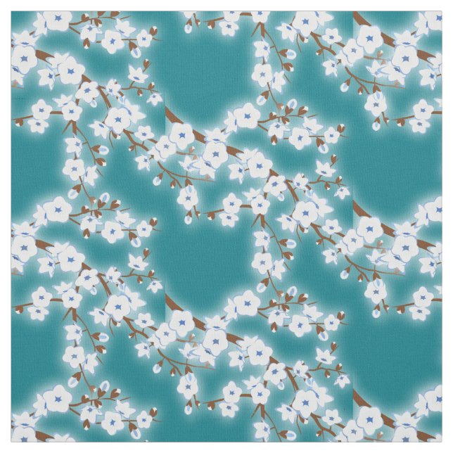 White Cherry Blossoms Floral Pattern Teal Fabric (Swatch)