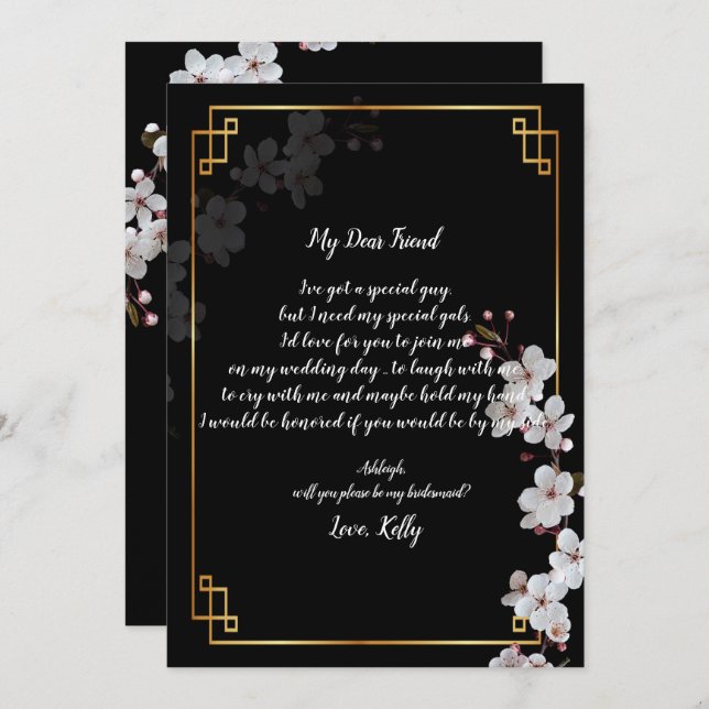 white Cherry Blossoms &gold  will be my bridesmaid Invitation (Front/Back)