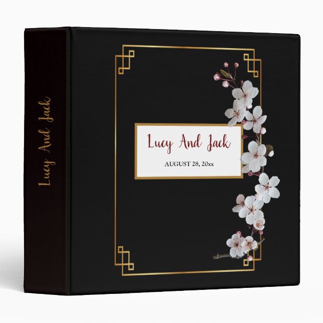 white Cherry Blossoms &golden Frame 3 Ring Binder (Front/Spine)