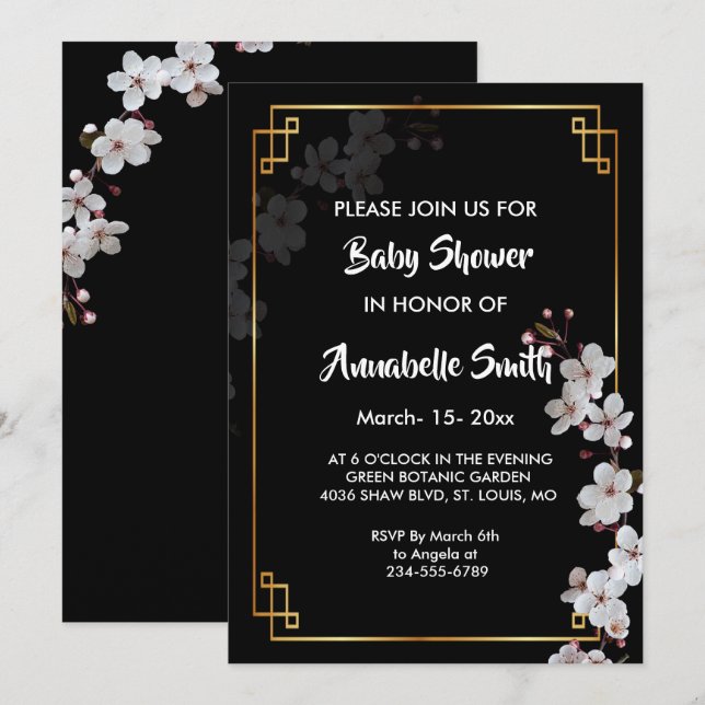 white Cherry Blossoms &golden Frame Baby Shower Invitation (Front/Back)