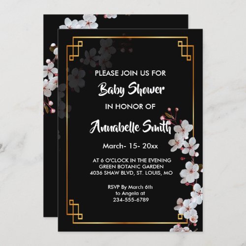 white Cherry Blossoms golden Frame Baby Shower Invitation