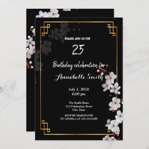 white Cherry Blossoms &golden Frame Birthday Invitation
