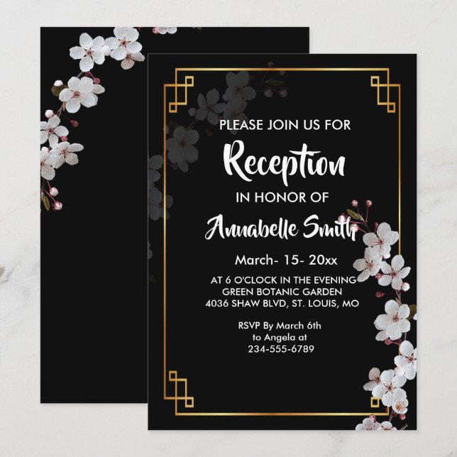 white Cherry Blossoms &golden Frame Reception Invitation (Front/Back)