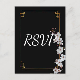 white Cherry Blossoms &golden Frame RSVP Invitation Postcard