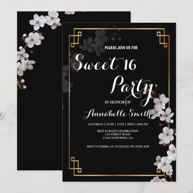 white Cherry Blossoms &golden Frame sweet 16 Invitation (Front/Back)