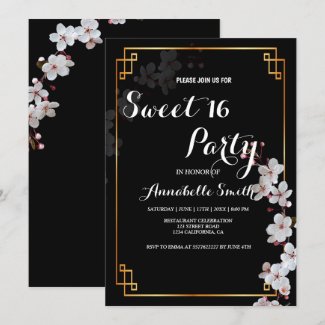 white Cherry Blossoms &golden Frame sweet 16 Invitation