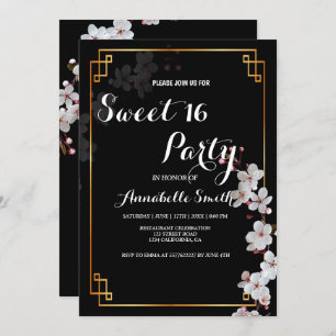 white Cherry Blossoms &golden Frame sweet 16 Invitation