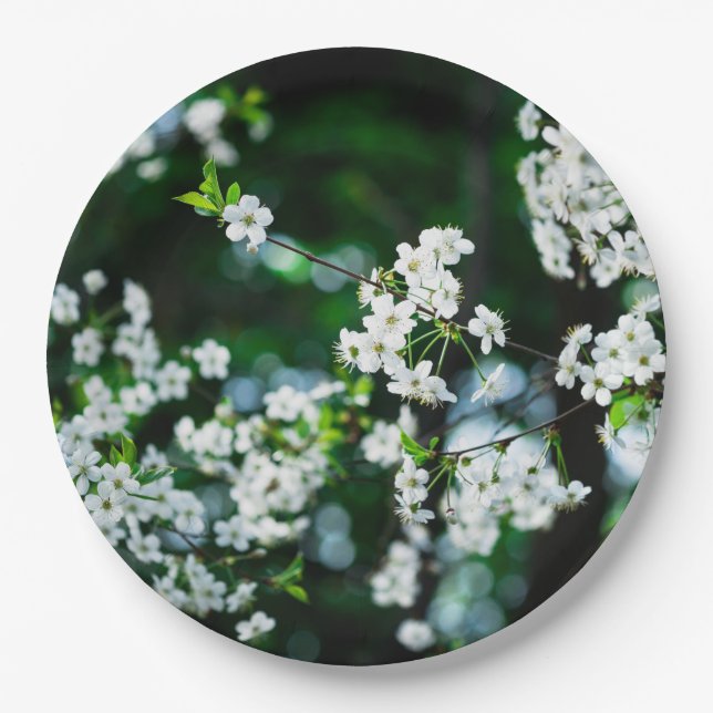 White Cherry Blossoms Green Leaves Paper Plates (Front)