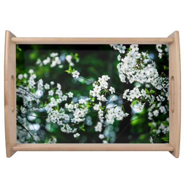 White Cherry Blossoms Green Leaves Serving Tray (Front)